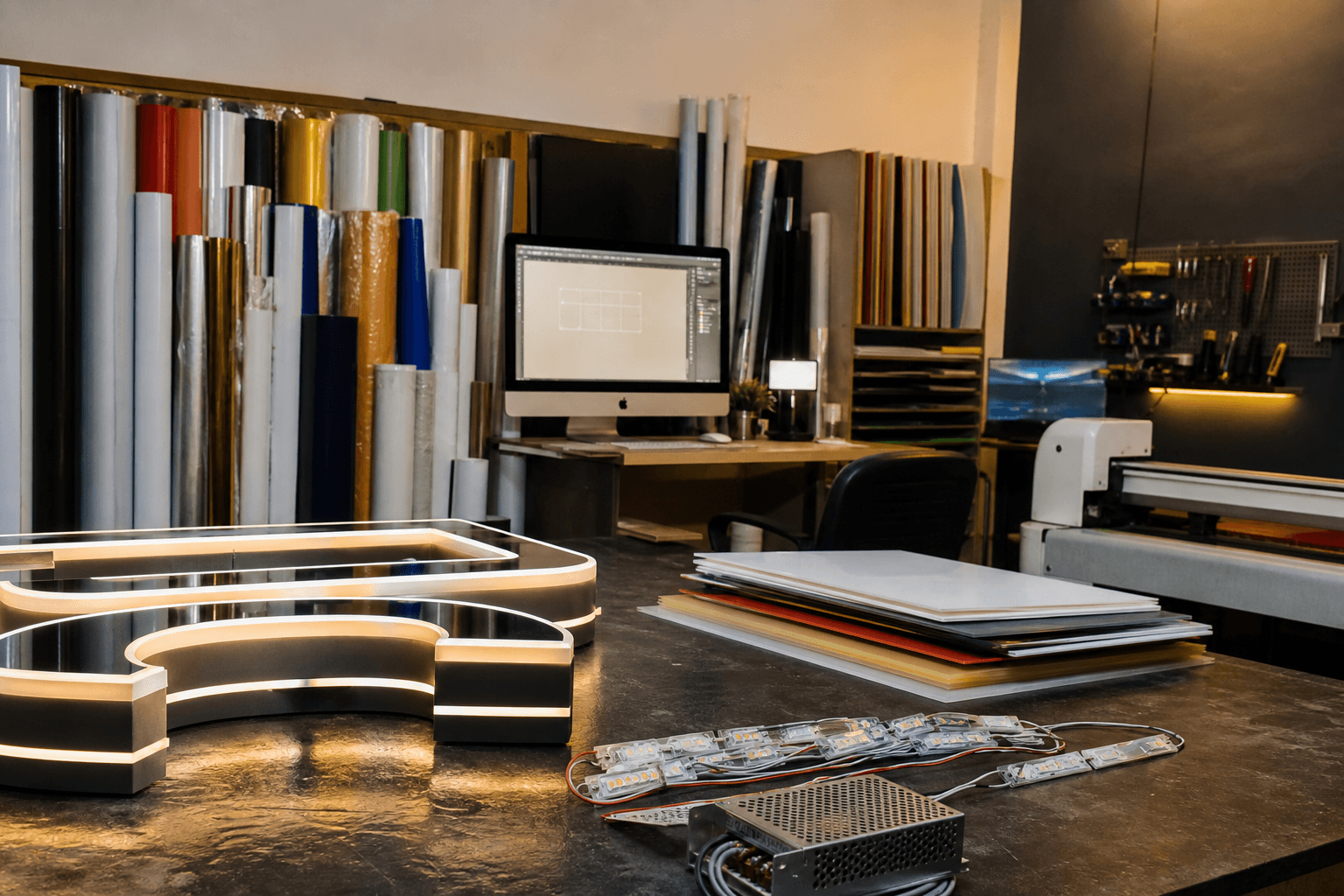 Akshara Adss workshop with signage samples, vinyl rolls and a design desk