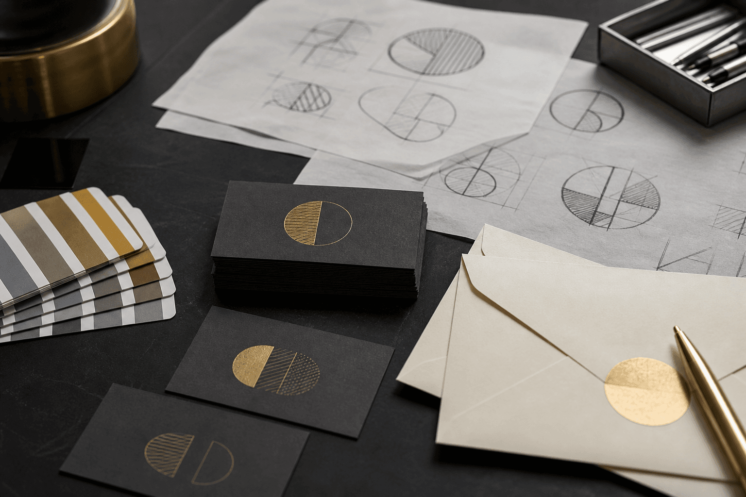 Brand identity stationery, sketches and gold foil visiting cards on a studio desk