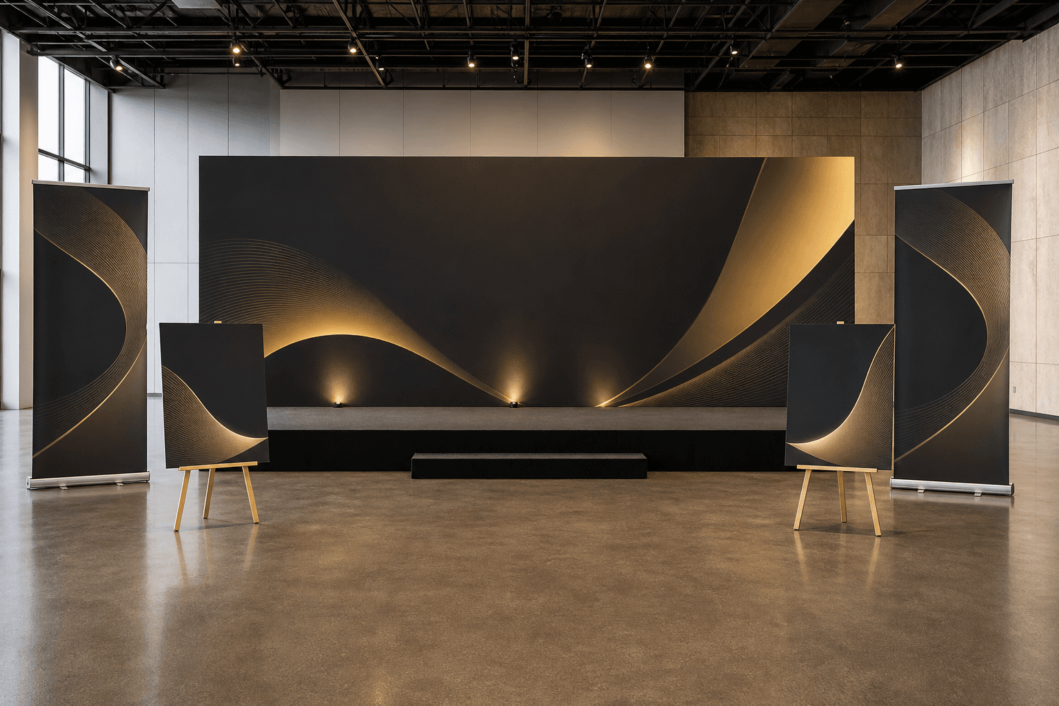 Exhibition booth with charcoal and gold backdrop, standees and framed certificate