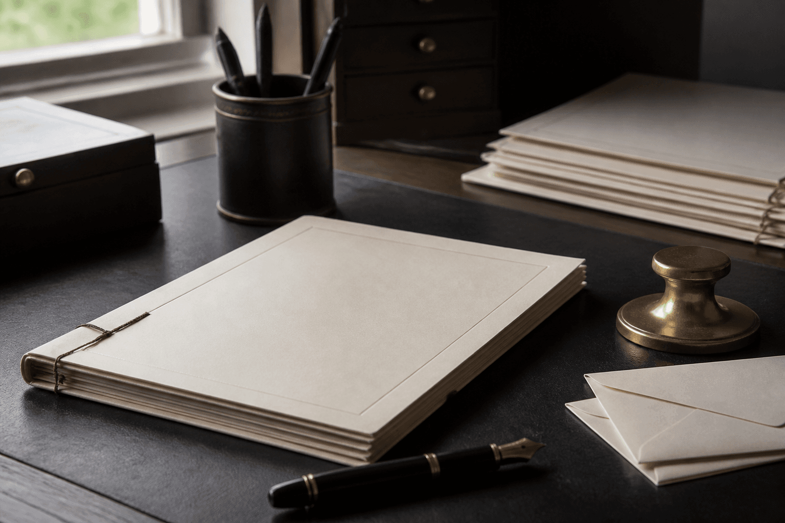 Studio desk with bound documents and correspondence