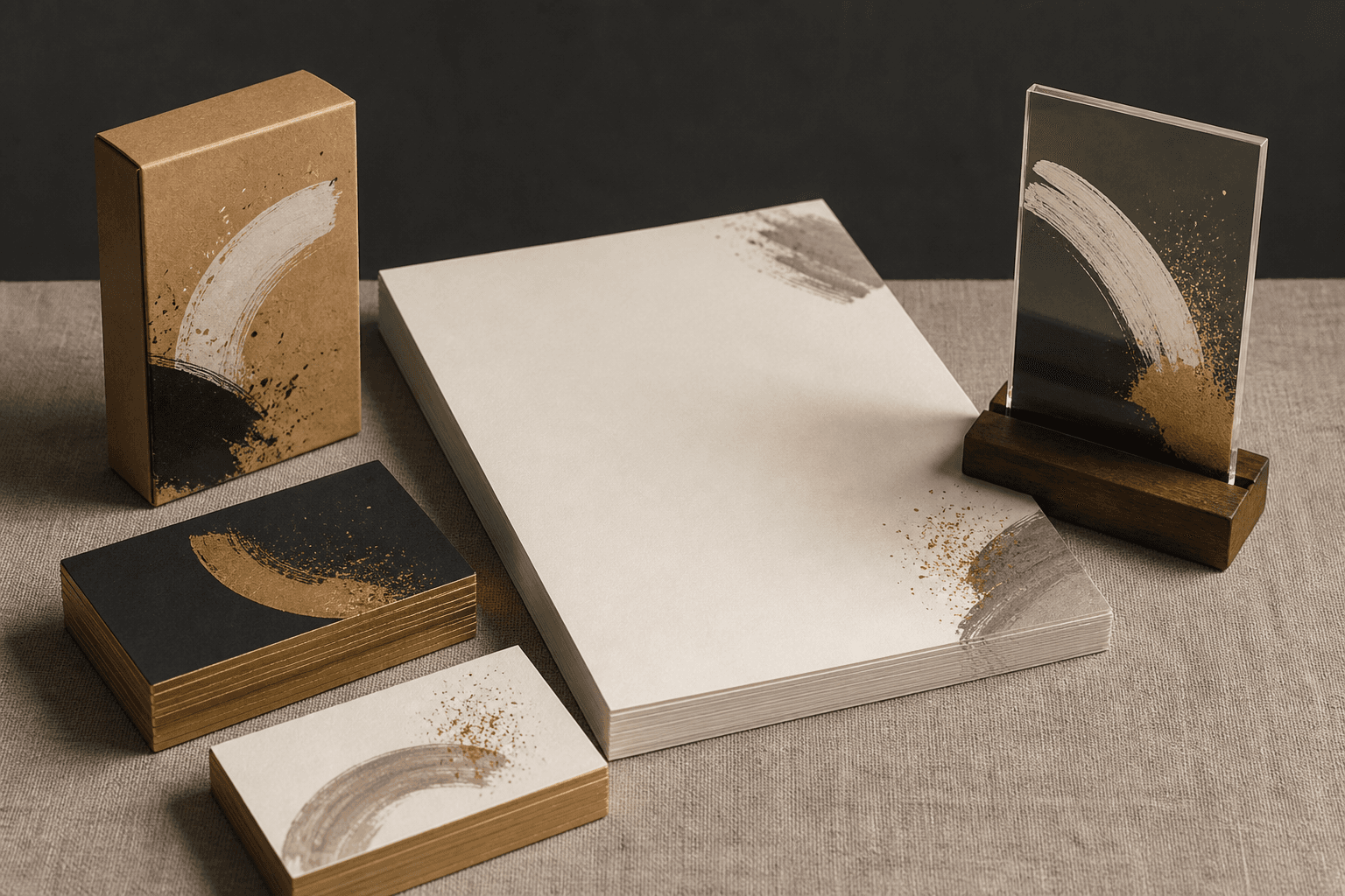 Visiting cards, letterheads, packaging and a sample acrylic sign