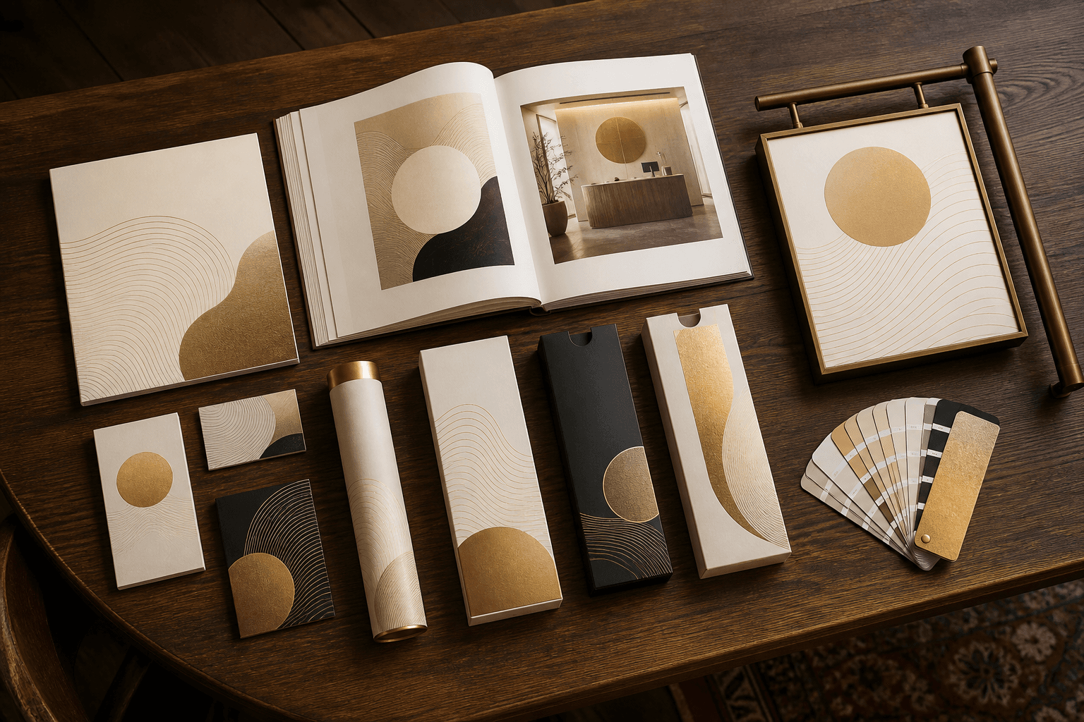 Printed catalogs, packaging and signage mockups laid out for review