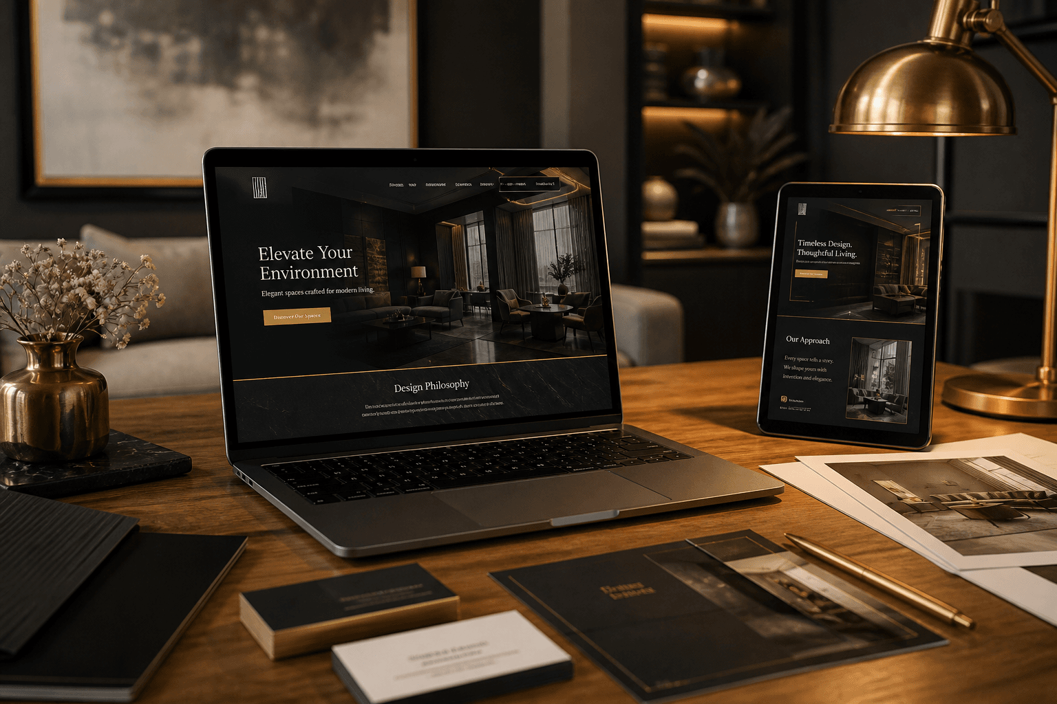 Laptop and mobile showing a charcoal-and-gold website mockup on a studio desk
