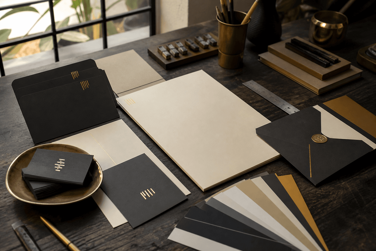 Brand identity stationery on a studio desk with gold foil cards and cream paper