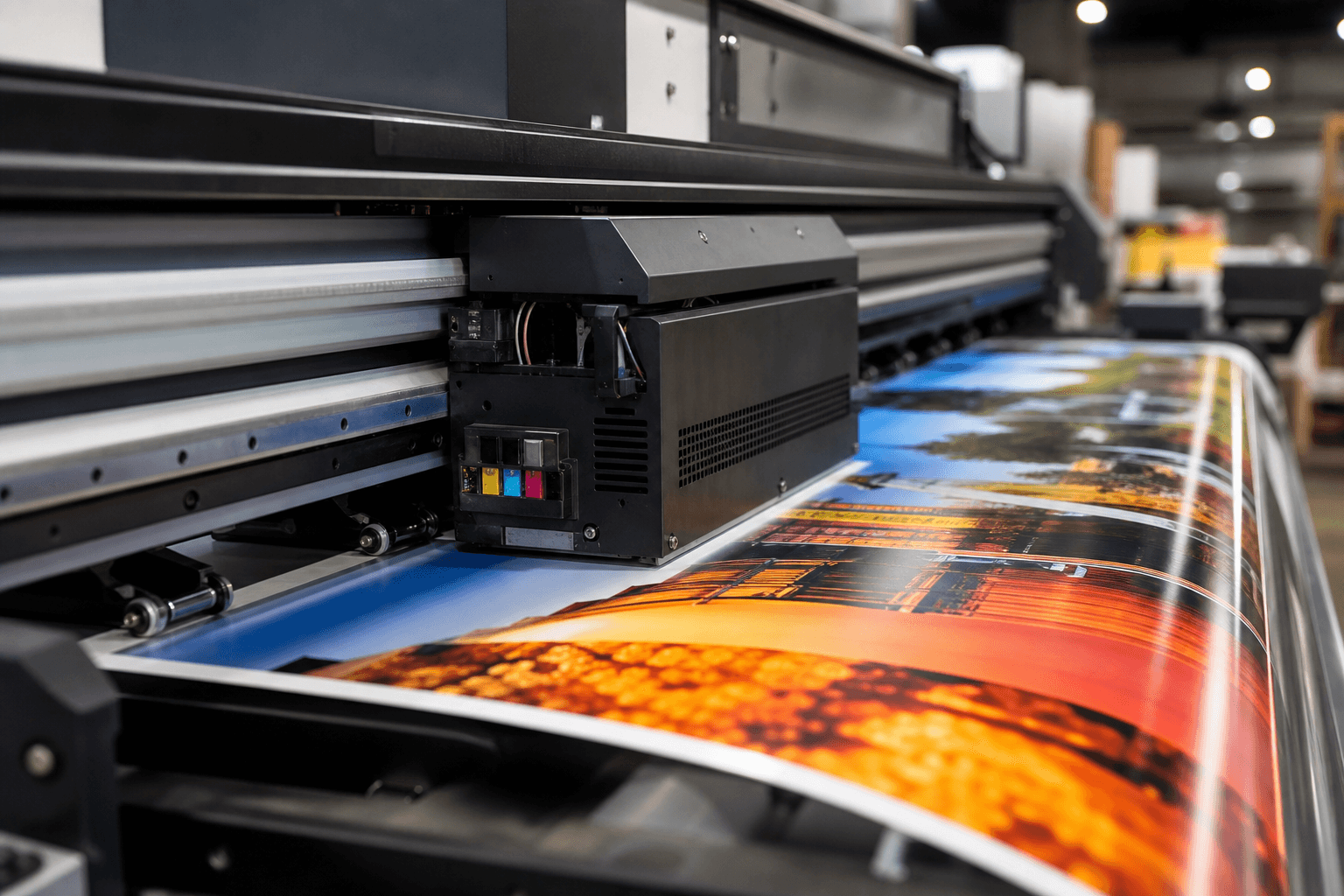 Large-format printer laying ink on vinyl in the workshop