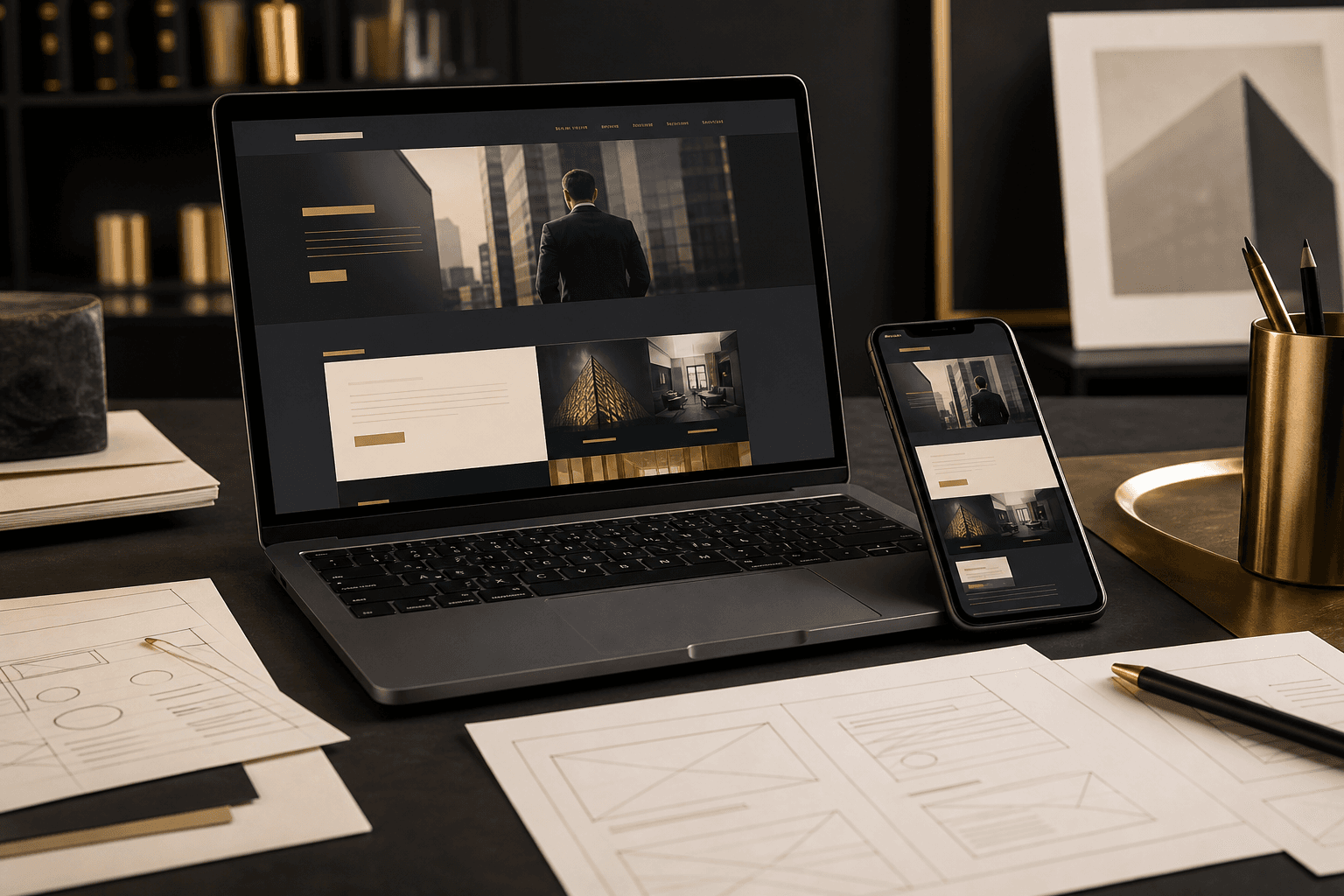 Laptop and phone showing a responsive website layout in the studio