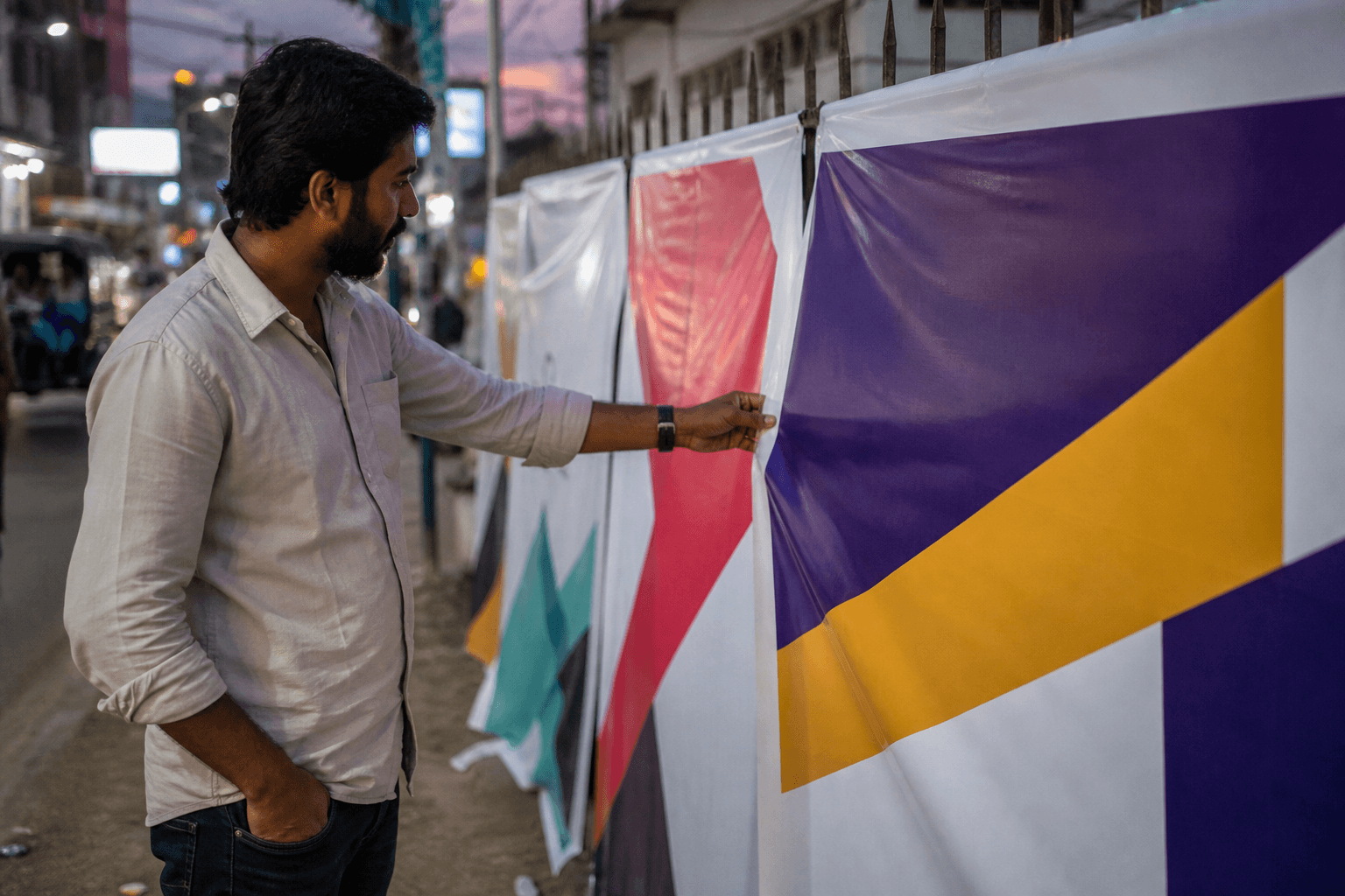 Large-format outdoor vinyl and hoarding print being inspected