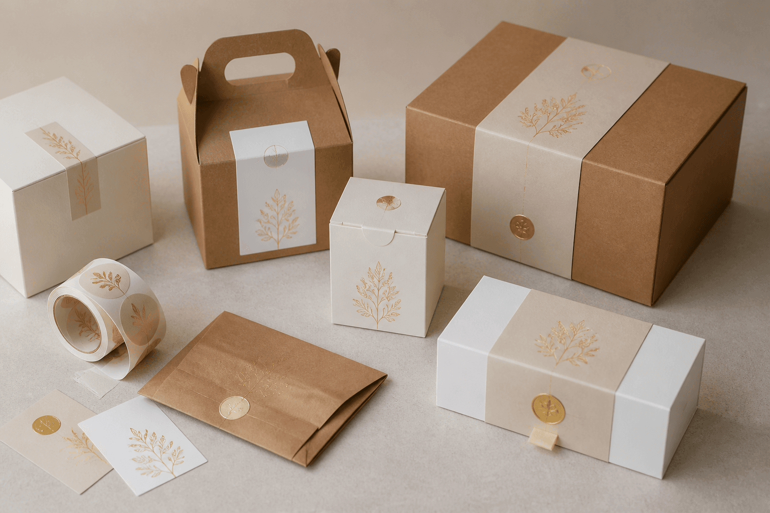 Custom printed packaging boxes and labels on a studio table