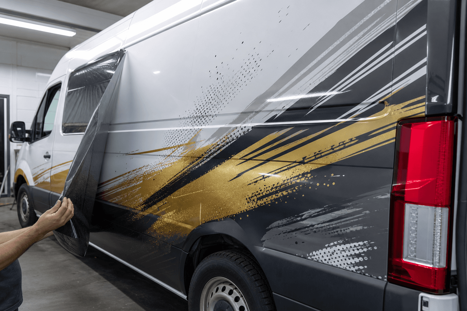 Vehicle vinyl wrap being applied in the workshop