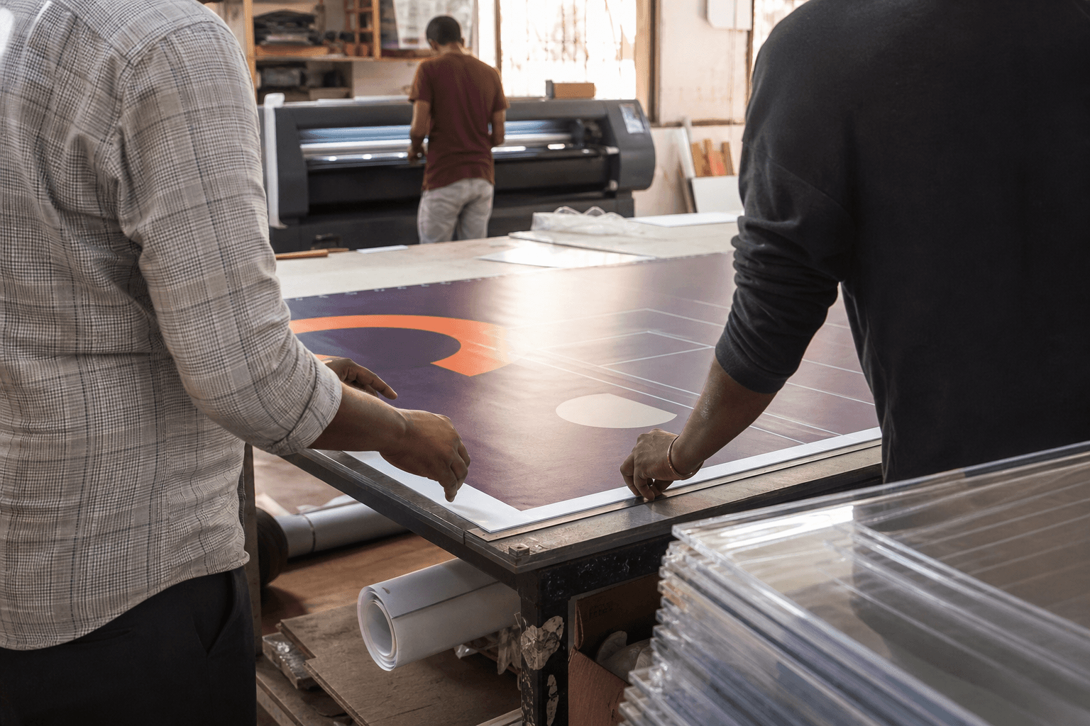 Print proofs being aligned on a large table in the Akshara Adss workshop