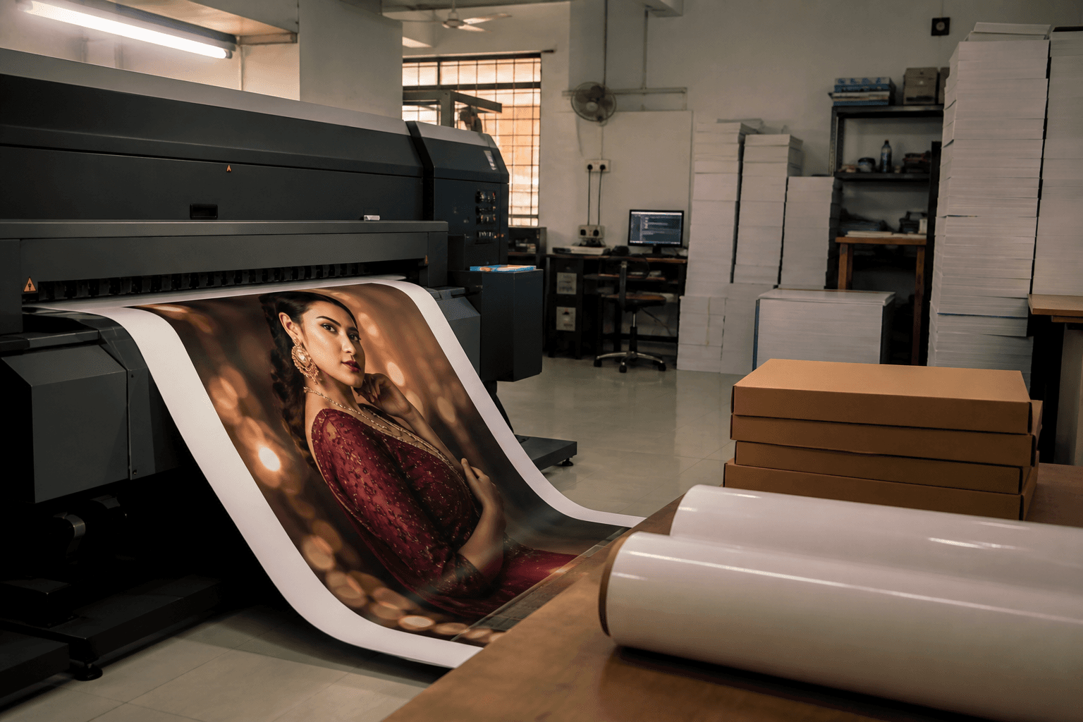 In-house large-format printer producing print work in the Hadapsar workshop