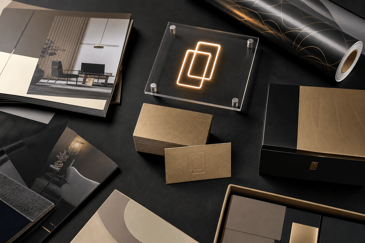 Print, signage and stationery samples from the Akshara Adss studio