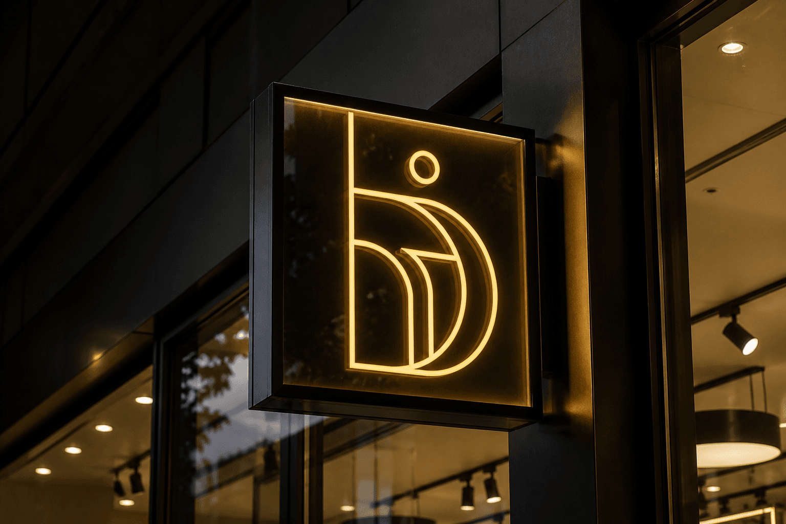 Illuminated acrylic and LED shopfront signage at dusk