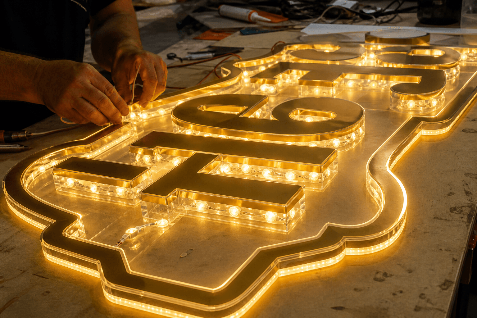 Acrylic LED sign being assembled with gold illumination